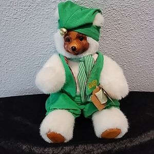 Vtg 1989 Robert Raikes Christmas Santa's Elf 12" White Bear Green Suit Jointed